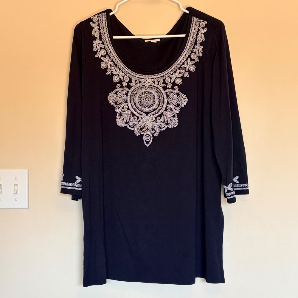 J Jill Navy Blue Floral Embroidered 3/4 Sleeve Tunic Top Blouse Shirt Womens XL